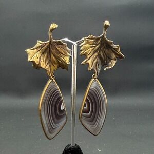 Stephen Dweck 3" Clip-On Leaf Earrings Bronze Banded Agate Dangle Signed 1994